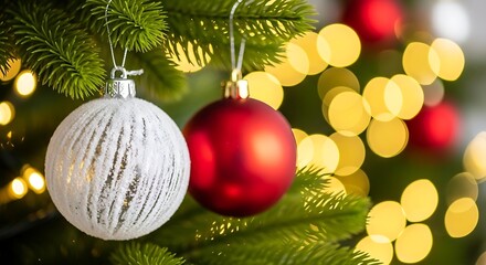 Frosted Silver and Red Ornaments with Bokeh Glow