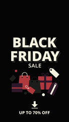 Black Friday Sale graphic with shopping bags gifts and discount offer