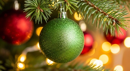 Glittery Green Christmas Ball on Holiday Tree