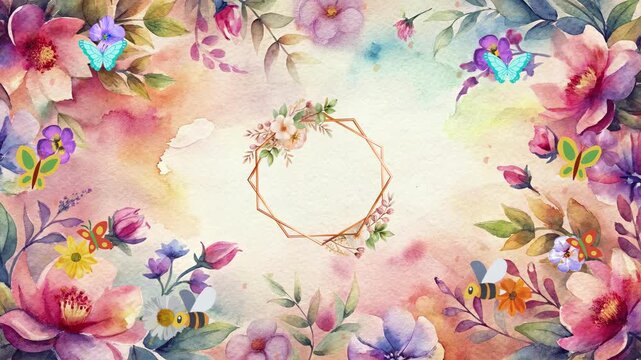 A vibrant watercolor painting featuring a floral border with colorful flowers, butterflies, and bees, surrounding a geometric frame, creating a whimsical and cheerful design