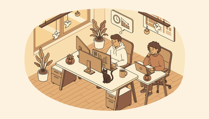 Colleagues working in a Halloweendecorated office focused on deadlines and business concepts