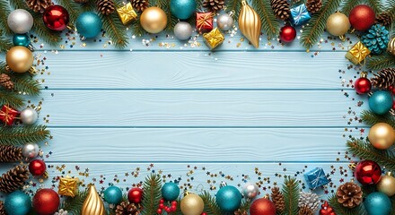 Christmas Ornament Border on Blue Festive Background