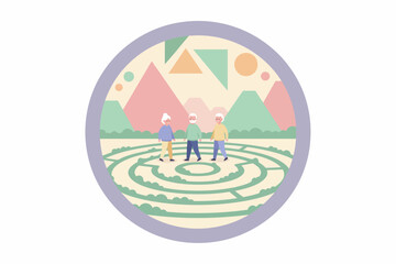 Three elderly friends navigating a maze symbolizing lifes journey and problemsolving together