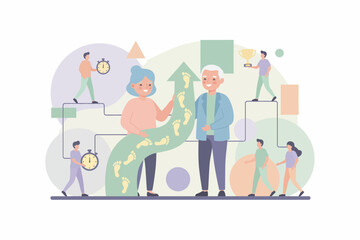 Elderly couple with footprint path symbolizing lifes journey health goals and progress