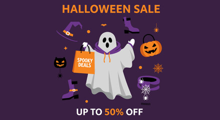 Friendly ghost holding a Spooky Deals bag for a Halloween sale promotion with Up to 50 Off surrounded by festive elements