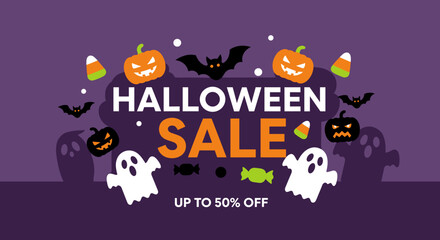 Spooky Halloween sale banner featuring pumpkins bats ghosts and candy on a purple background Great for seasonal promotions