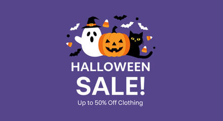 Cheerful Halloween sale graphic with ghost pumpkin and black cat perfect for holiday promotions and clothing discounts