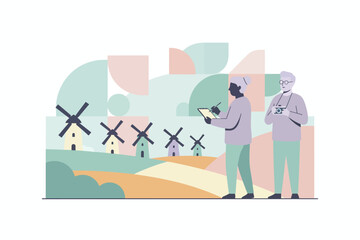 Senior couple enjoying travel capturing scenic windmills through sketching and photography