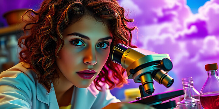 A focused female scientist with intense blue eyes looks directly at the camera while peering into a microscope, symbolizing scientific research and discovery.