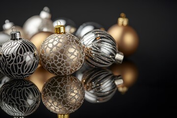 gold christmas ornaments on a black background display luxury decoration and elegant baubles, reflecting festive arrangements with golden glitter patterns