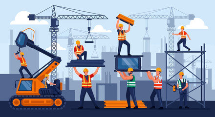 Busy construction site with diverse workers constructing modern buildings representing development and teamwork