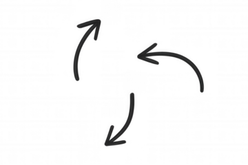 Hand drawn three curved arrows illustrating a continuous cycle, workflow, or recycling concept. Transparent background