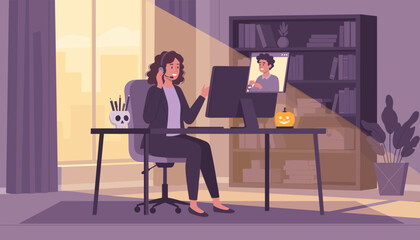 Woman on video call with headphones in a home office connecting with a colleague Remote work lifestyle