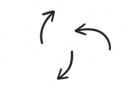 Hand drawn three curved arrows illustrating a continuous cycle, workflow, or recycling concept. Transparent background