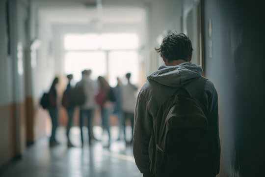 Nachdenklicher Teenager allein im Schulflur &ndash; Thema Einsamkeit und Ausgrenzung