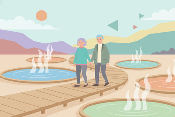 Elderly couple enjoying a relaxing walk on a boardwalk through scenic hot springs