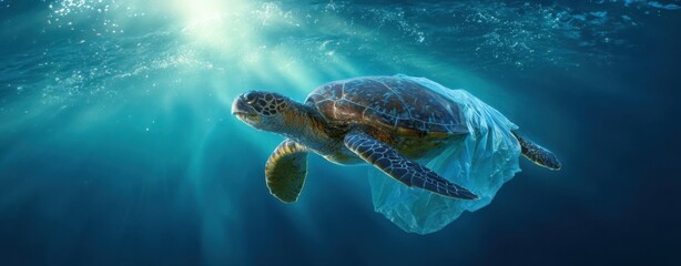 Fototapeta premium The Sea Turtle Entangled in a Plastic Bag Beneath Sunlit Ocean Surface