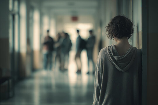 Nachdenklicher Teenager allein im Schulflur &ndash; Thema Einsamkeit und Ausgrenzung