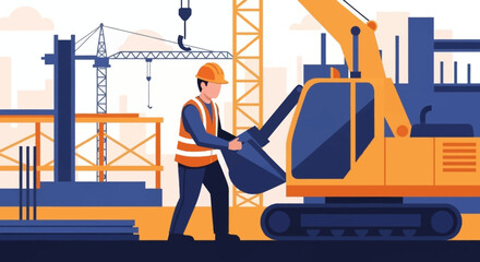 Modern construction scene with worker excavator and cranes symbolizing development © VisualPro