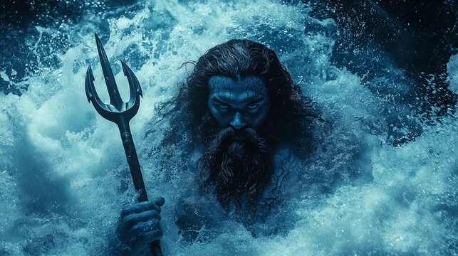 A mythical sea god emerging from the waves with a trident in his hands, a powerful ocean deity of storm and water. Neptune with a trident among the sea waves. Greek gods.