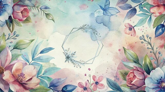 A delicate watercolor floral frame with a subtle geometric border, showcasing soft pastel flowers and foliage, creating an elegant and serene design for various projects