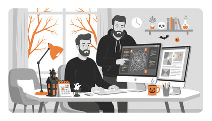Two male developers collaborating on tech projects in a festive Halloween office setting