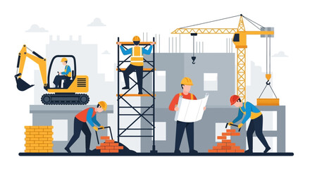 Busy construction site with workers excavator and crane building a structure Progress and teamwork