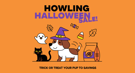 Howling Halloween Sale illustration with dog cat ghost and pet food for spooky savings and pet product promotions