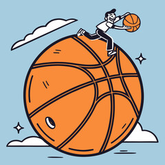 Cheerful character running atop a basketball with playful clouds and stars, celebrating the joy of sport
