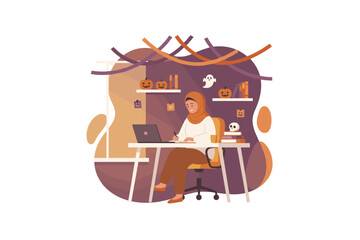 Woman in hijab working at desk in Halloweendecorated home office Remote work student autumn