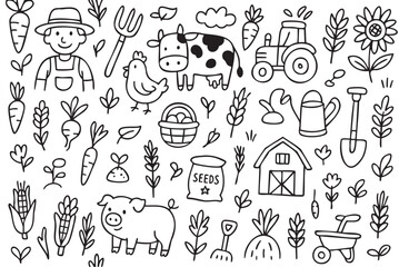 Farm life doodles: animals, vegetables, and equipment in black line art. Vector doodle illustration