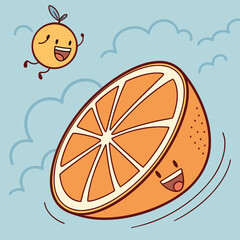 Whimsical cartoon oranges having fun in the sky, bringing joy to healthy eating and vibrant lifestyle