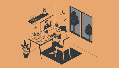 Woman working remotely enjoying Halloween decor and a video call during autumn rain