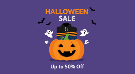 Halloween sale graphic with pumpkin ghosts bats and discounted clothing Ideal for seasonal retail promotions and festive marketing