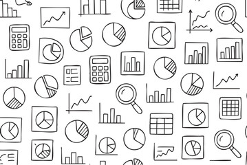 Naklejka premium Hand-drawn business diagrams and graphs pattern with charts, calculators, and analysis tools. Vector doodle illustration