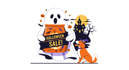 Ghost promotes Halloween Sale with candy bag pumpkins bats and a dog in a witch hat next to a haunted house Festive holiday event