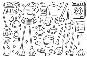 Household cleaning supplies doodle pattern with broom, mop, vacuum, and detergents. Vector doodle illustration