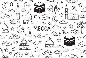 Mecca doodle pattern with mosques, kaaba, crescent moons, and stars. Vector doodle illustration