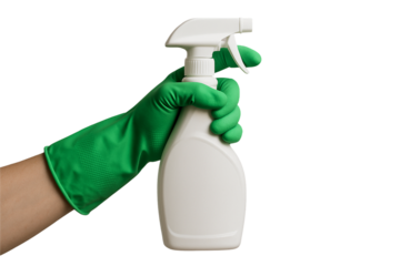 Hand in green glove holding spray bottle, PNG transparent background