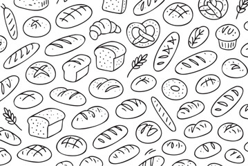 Seamless pattern of assorted bread and pastries: croissant, pretzel, baguette, loaf, roll. Vector doodle illustration
