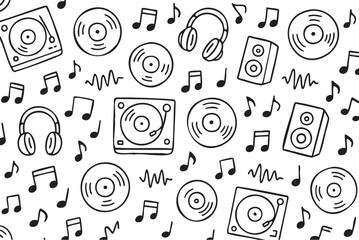 Seamless pattern with musical symbols and instruments for music enthusiasts. Vector doodle illustration