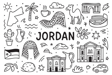 Sketch of jordanian landmarks and icons including petra and traditional symbols. Vector doodle illustration