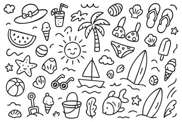 Summer beach doodles: sunglasses, ice cream, bikini, sandals, palm tree, watermelon. Vector doodle illustration