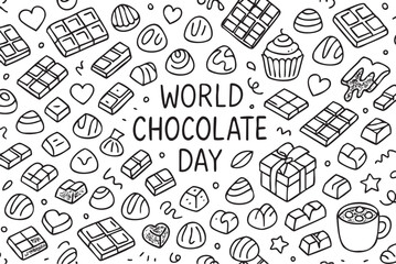 World chocolate day celebration with bars, truffles, and sweets in black and white pattern. Vector doodle illustration
