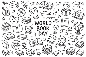 World book day celebration with readings, books, and learning symbols in black and white. Vector doodle illustration