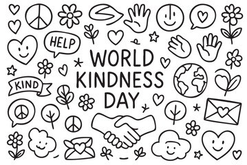 World kindness day doodle with symbols of peace, heart, and nature. Vector doodle illustration