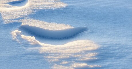 Snowy landscape shows undulating surface. Light creates shadows, highlights textures. Winter scene evokes cold, serene beauty.