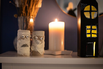 black halloween haunted houses  and mummies made with  upcycled packaging. DIY spooky cheap craft idea.