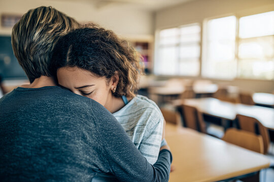 Lehrerin tröstet trauriges Schulkind im Klassenraum