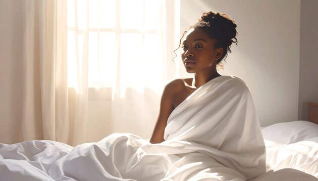 Serene Morning - A Womans Quiet Reflection in Bed.